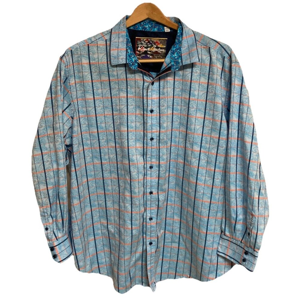 Men's Robert Graham Paisley Plaid Long Sleeve Shirt Nautical Blue Size 4XL